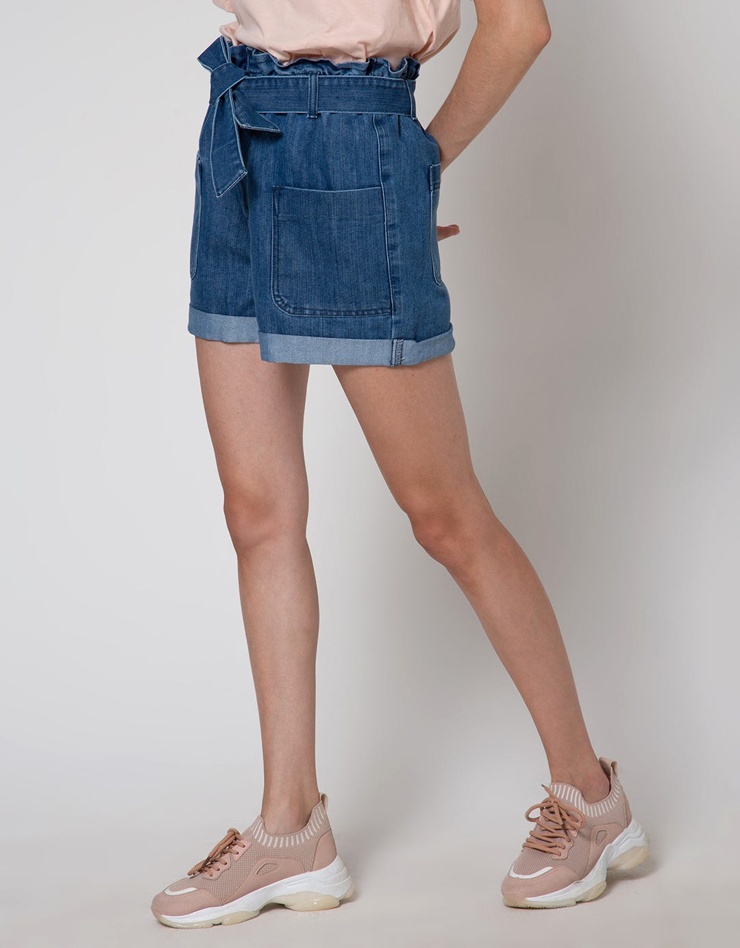 Details Denim Short Pants With Front Tie And Patch Pocket