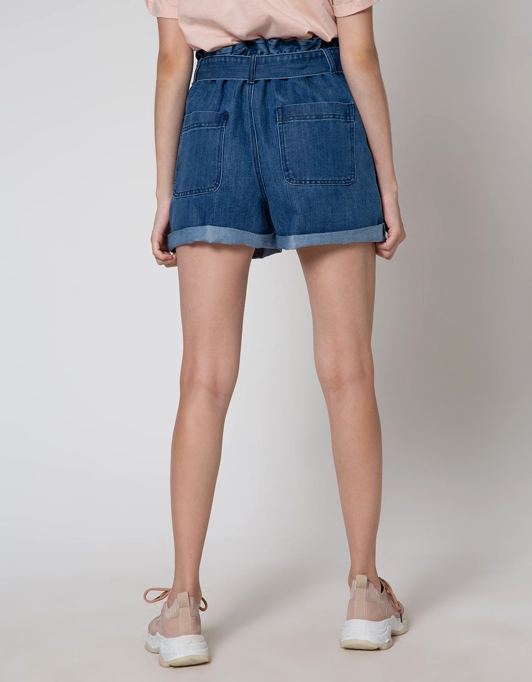 Details Denim Short Pants With Front Tie And Patch Pocket