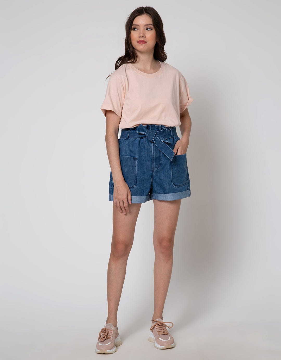 Details Denim Short Pants With Front Tie And Patch Pocket