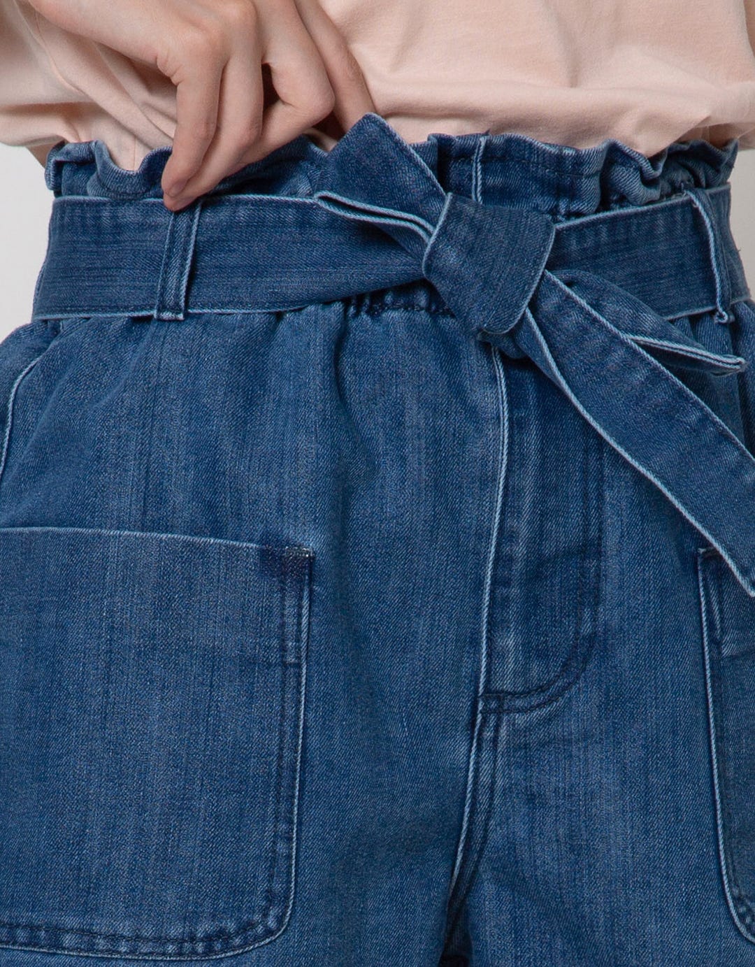 Details Denim Short Pants With Front Tie And Patch Pocket