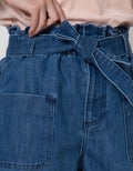Details Denim Short Pants With Front Tie And Patch Pocket