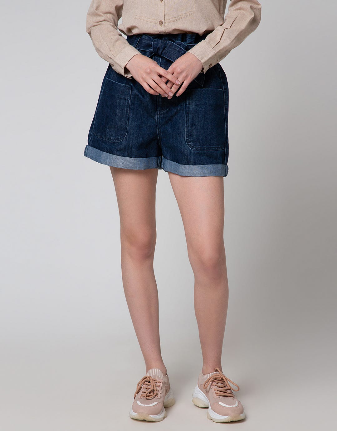 Details Denim Short Pants With Front Tie And Patch Pocket