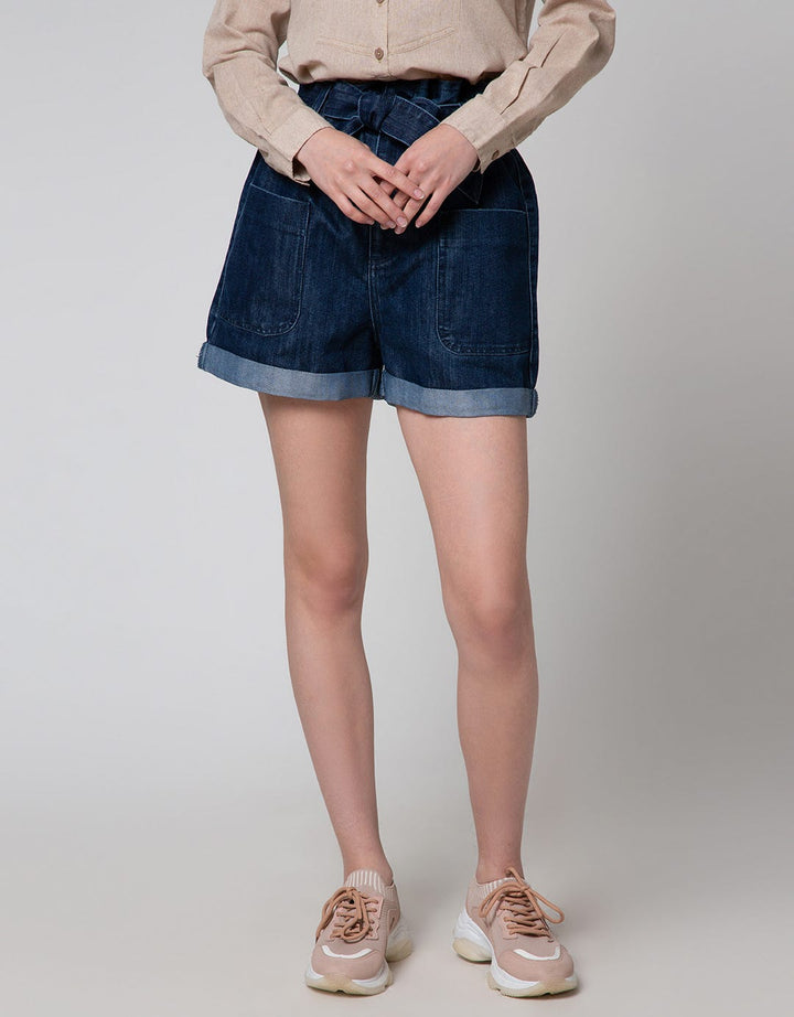 Details Denim Short Pants With Front Tie And Patch Pocket