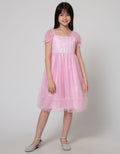 Kidz Too Short Sleeve Midi Dress Tile Hands Ruffles With Brocade
