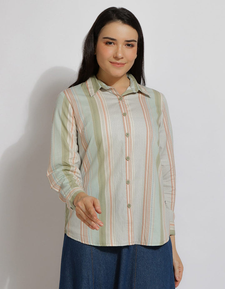 Expand Denim Stripe Casual Blouse Wanita