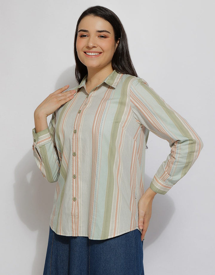 Expand Denim Stripe Casual Blouse Wanita