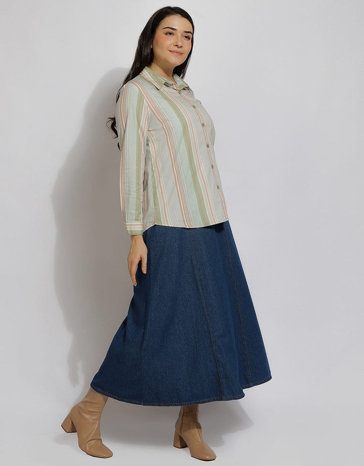 Expand Denim Stripe Casual Blouse Wanita