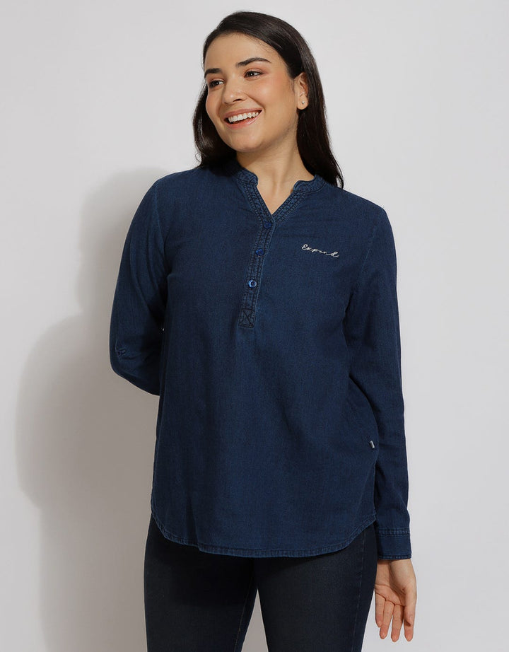 Expand Denim Blouse Basic Wanita