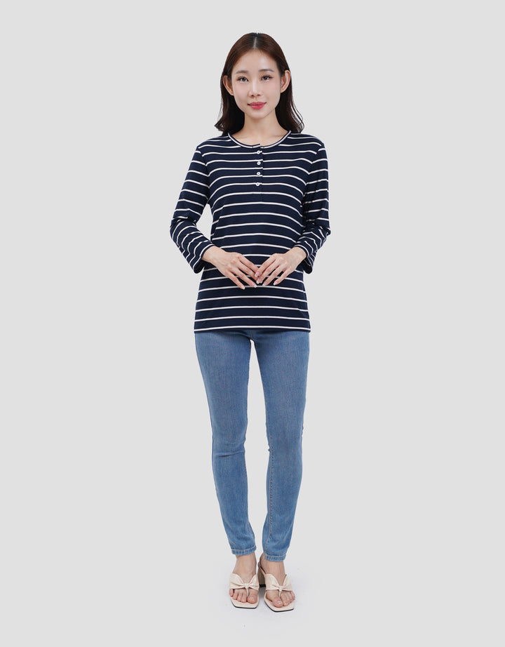 MXM STRIPE BUTTON KAOS LENGAN PANJANG WANITA