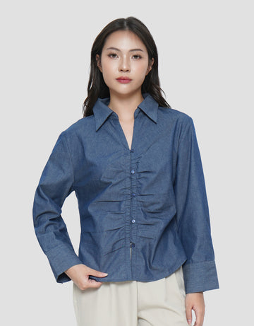 CONNEXION GATHERING CHEST DENIM BLOUSE WANITA