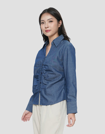 CONNEXION GATHERING CHEST DENIM BLOUSE WANITA