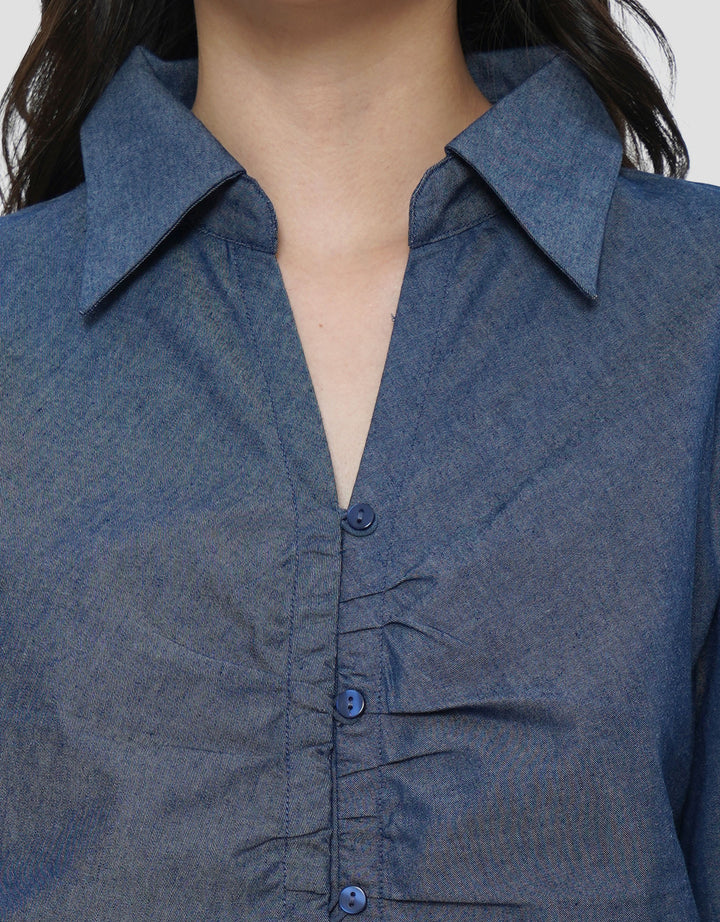 CONNEXION GATHERING CHEST DENIM BLOUSE WANITA