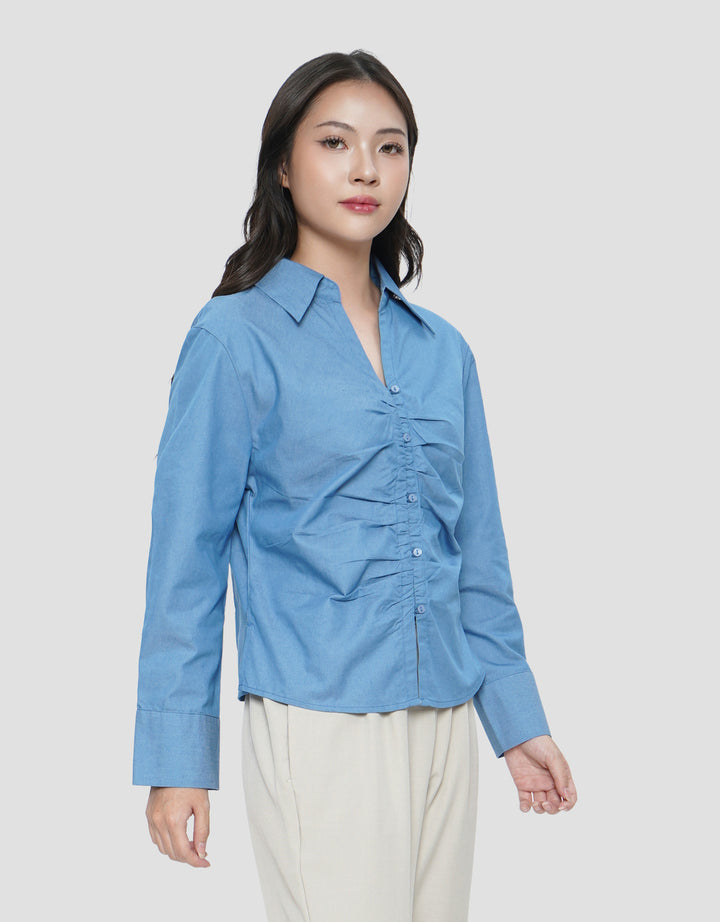 CONNEXION GATHERING CHEST DENIM BLOUSE WANITA