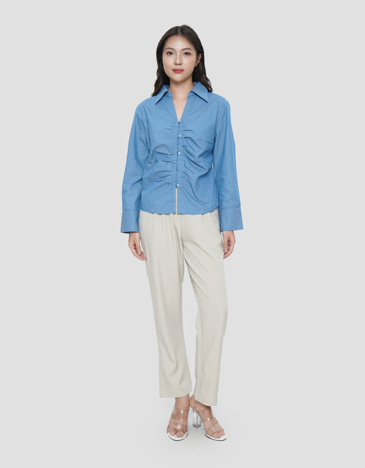 CONNEXION GATHERING CHEST DENIM BLOUSE WANITA