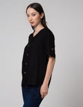 Connexion Short Sleeve Blouse Twill Vneck Turn Up Cuff