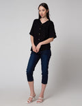 Connexion Short Sleeve Blouse Twill Vneck Turn Up Cuff