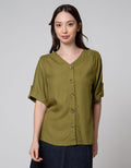 Connexion Short Sleeve Blouse Twill Vneck Turn Up Cuff