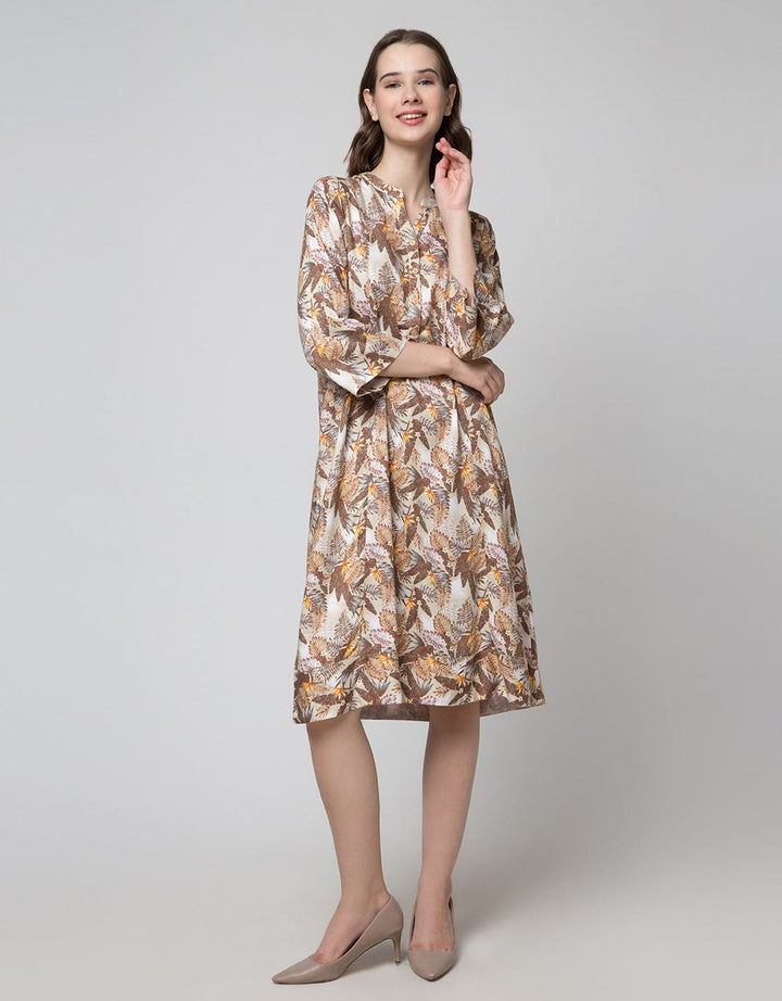 Triset Ladies Leaf Print Midi Dress Wanita