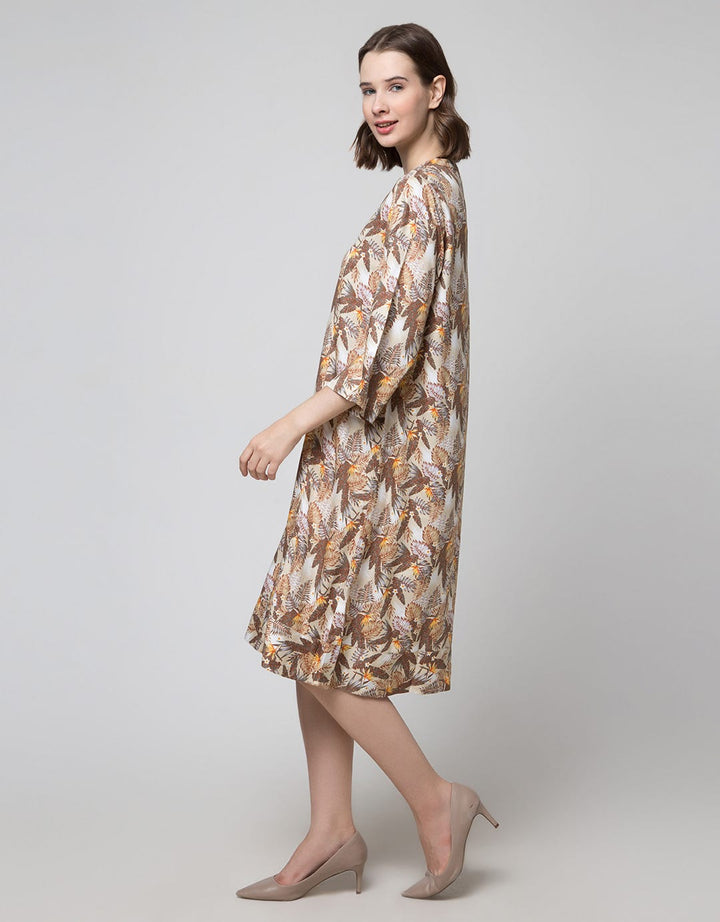 Triset Ladies Leaf Print Midi Dress Wanita