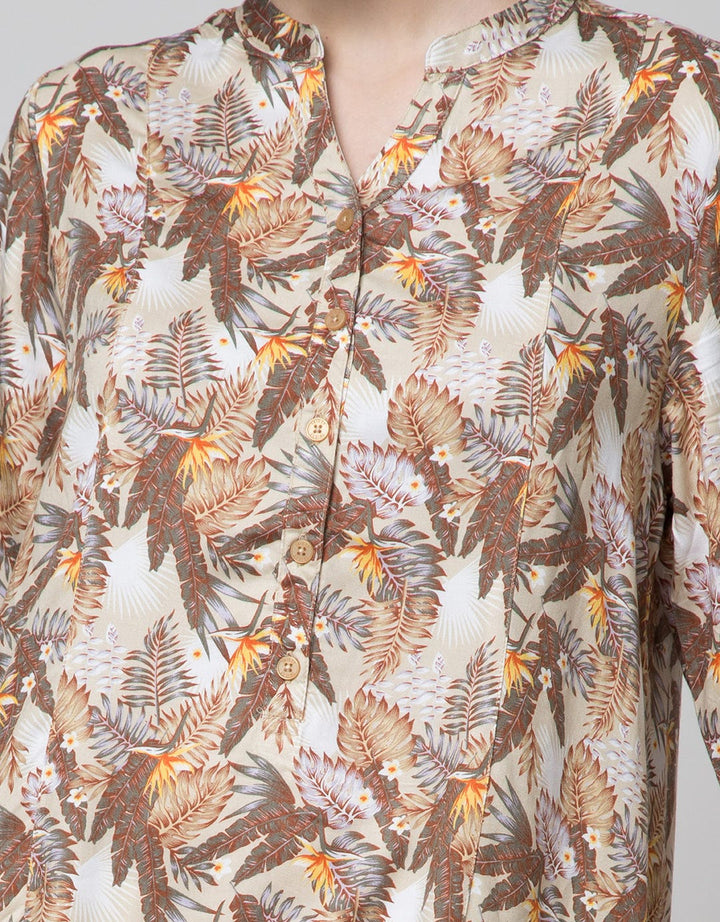 Triset Ladies Leaf Print Midi Dress Wanita