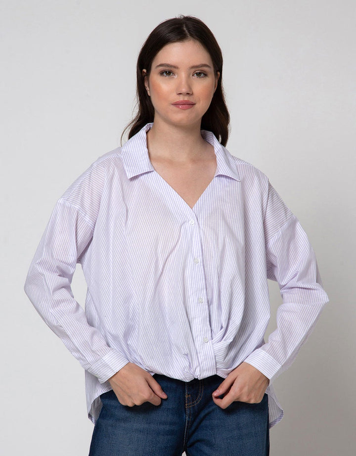 Details Long Sleeve Blouse With Printed Stripe On White