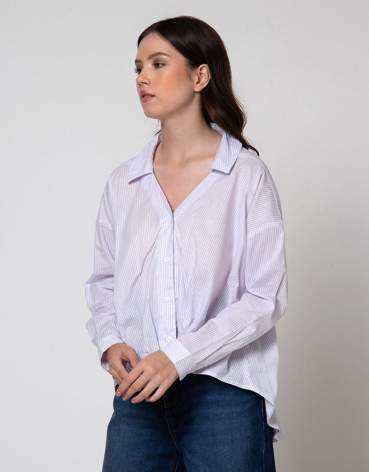 Details Long Sleeve Blouse With Printed Stripe On White