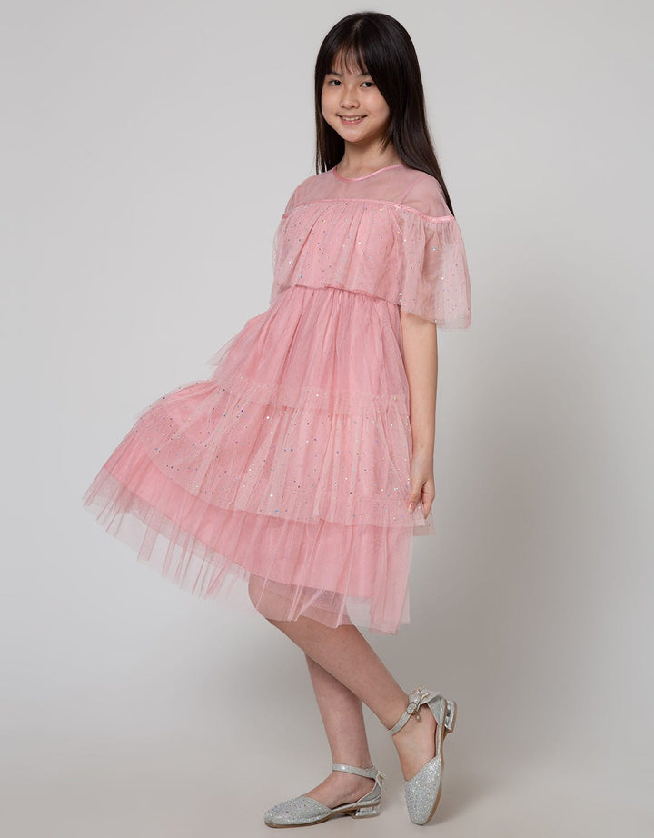Kidz Too Short Sleeve Midi Dress Geber Tiered Tulle Beads