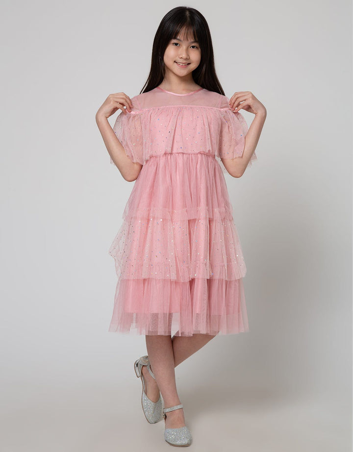 Kidz Too Short Sleeve Midi Dress Geber Tiered Tulle Beads
