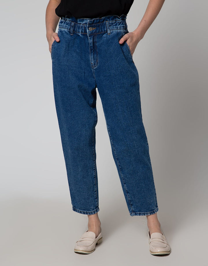 Details Elastic Waist Celana Denim Wanita