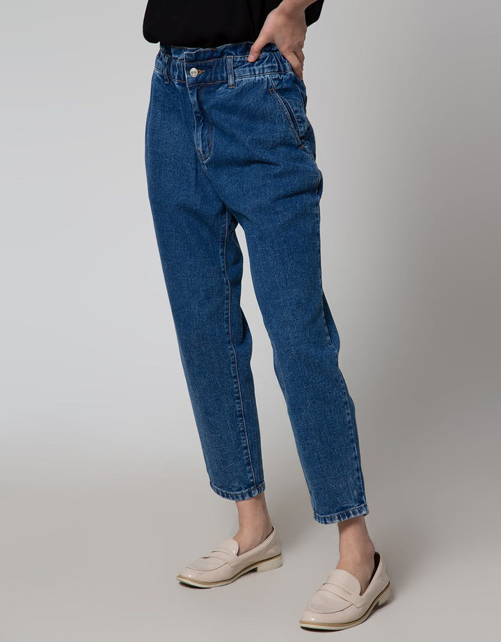 Details Elastic Waist Celana Denim Wanita
