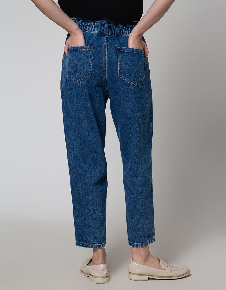 Details Elastic Waist Celana Denim Wanita