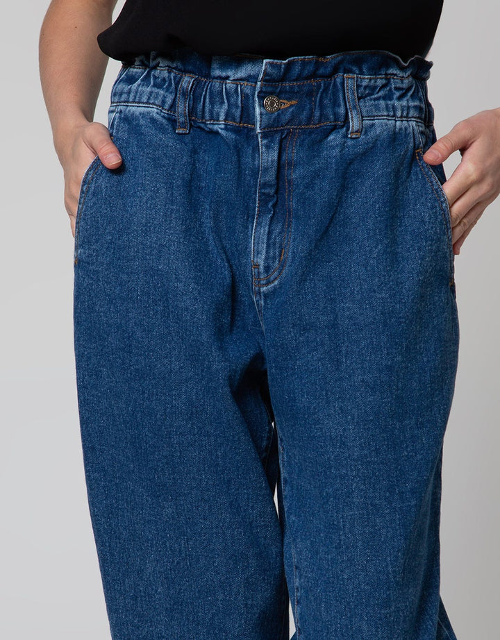Details Elastic Waist Celana Denim Wanita