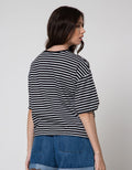 Details Short Sleeve T-Shirt Tee Round Neck Pink Stripes