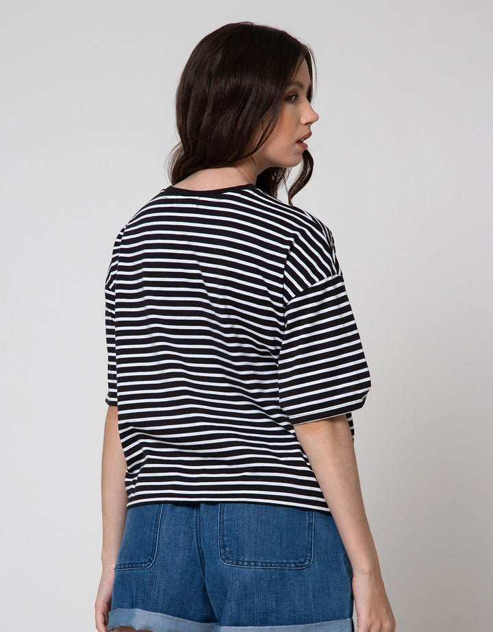Details Short Sleeve T-Shirt Tee Round Neck Pink Stripes