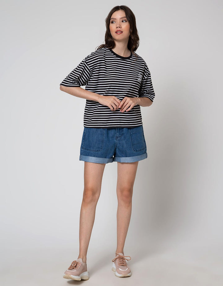 Details Short Sleeve T-Shirt Tee Round Neck Pink Stripes