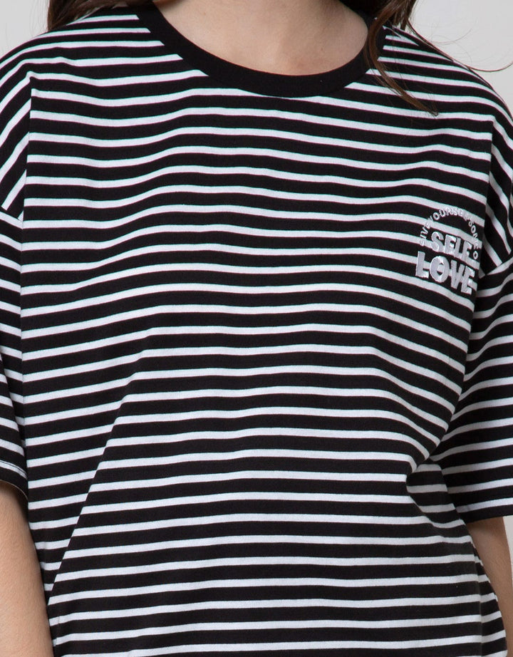 Details Short Sleeve T-Shirt Tee Round Neck Pink Stripes