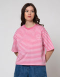 Details Short Sleeve T-Shirt Tee Round Neck Pink Stripes