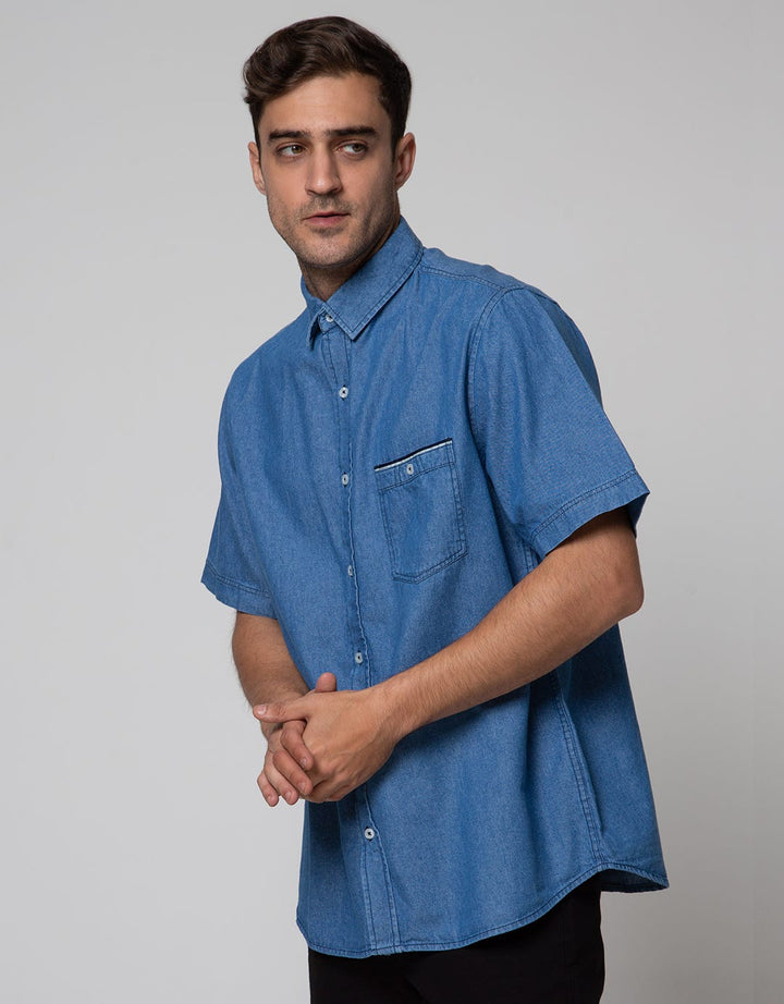 Details Short Sleeve Solid Denim Shirt