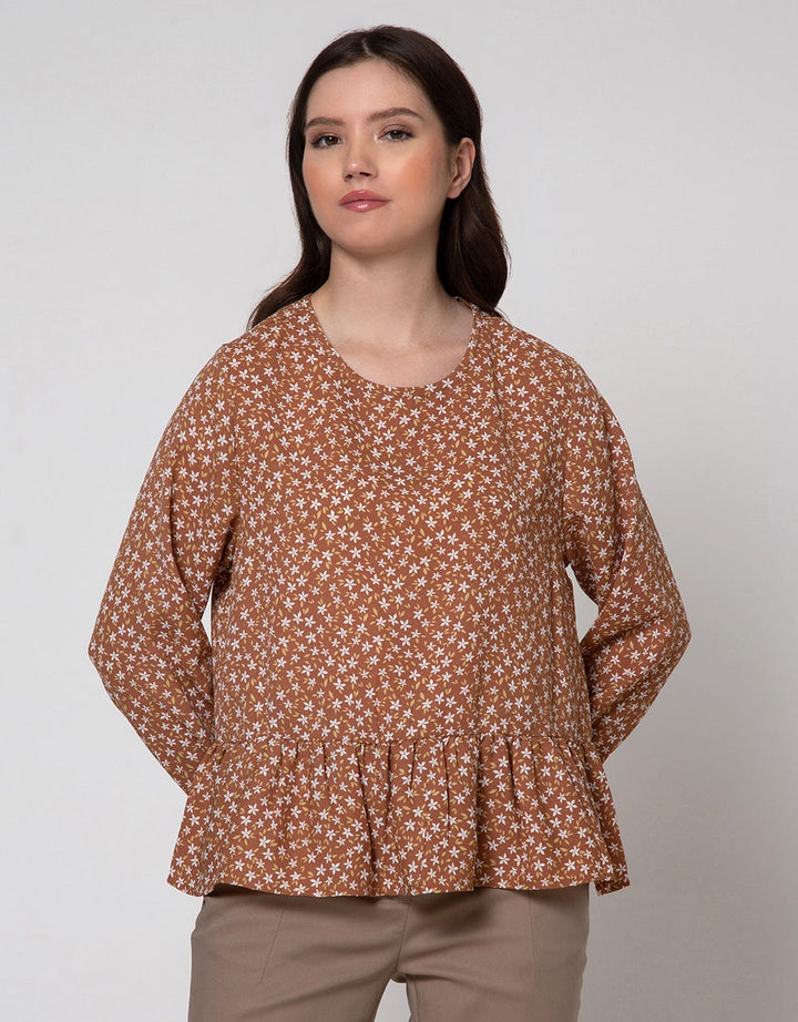 Connexion Long Sleeve Blouse Poly Print Flower With Ruffle Hem