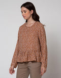 Connexion Long Sleeve Blouse Poly Print Flower With Ruffle Hem
