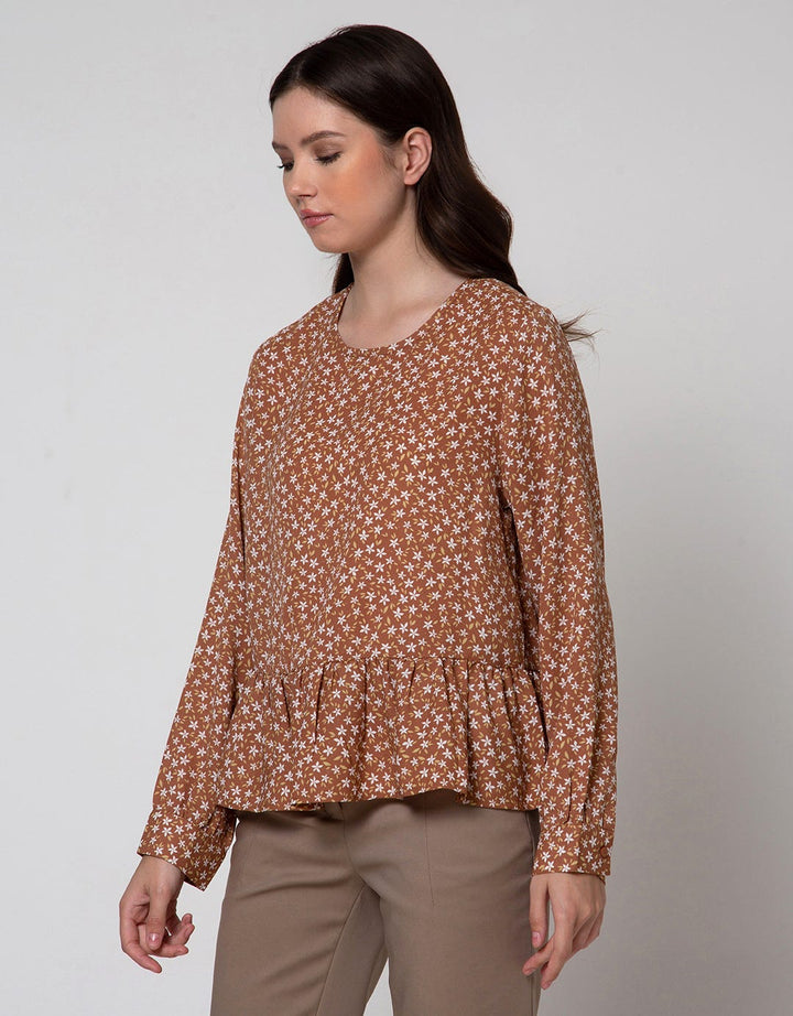 Connexion Long Sleeve Blouse Poly Print Flower With Ruffle Hem