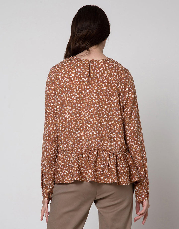 Connexion Long Sleeve Blouse Poly Print Flower With Ruffle Hem