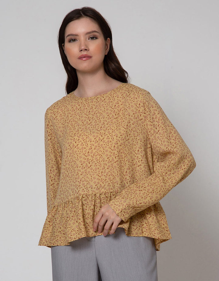 Connexion Long Sleeve Blouse Poly Print Flower With Ruffle Hem