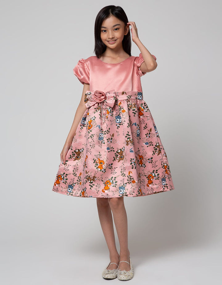 Kidz Too Short Sleeve Midi Dress Print Floral Ribbon Squirrel Skirt