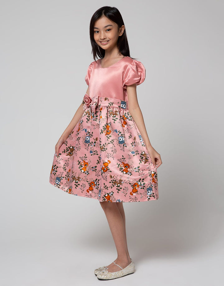Kidz Too Short Sleeve Midi Dress Print Floral Ribbon Squirrel Skirt