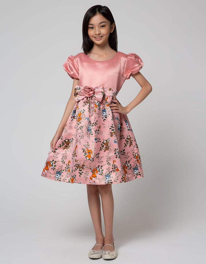 Kidz Too Short Sleeve Midi Dress Print Floral Ribbon Squirrel Skirt