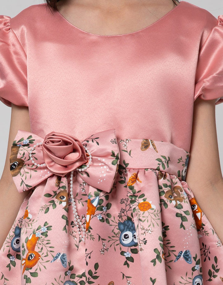 Kidz Too Short Sleeve Midi Dress Print Floral Ribbon Squirrel Skirt