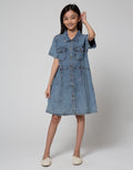 Nevada Short Sleeve Midi Dress Denim With Pocket