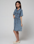 Nevada Short Sleeve Midi Dress Denim With Pocket