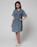 Nevada Short Sleeve Midi Dress Denim With Pocket